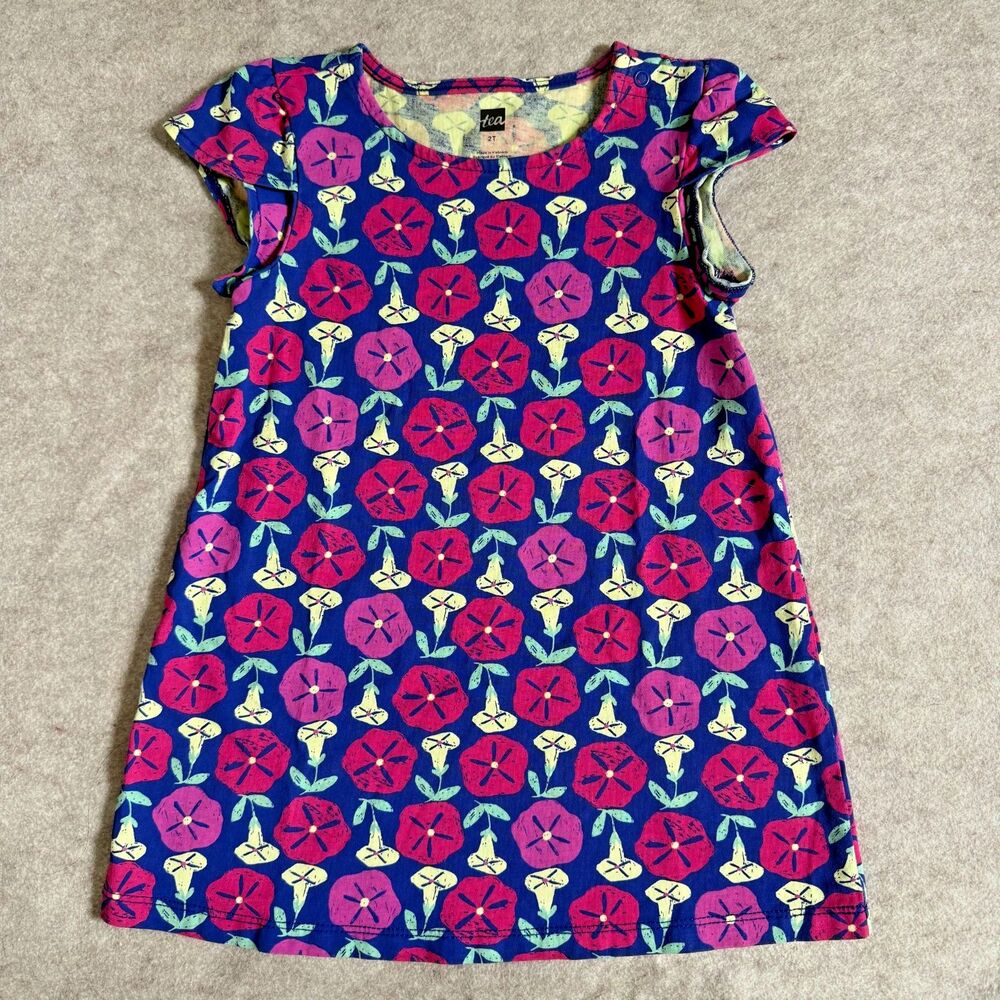 Tea Collection dress girls 2T blue pink floral cap sleeve cotton knit casual